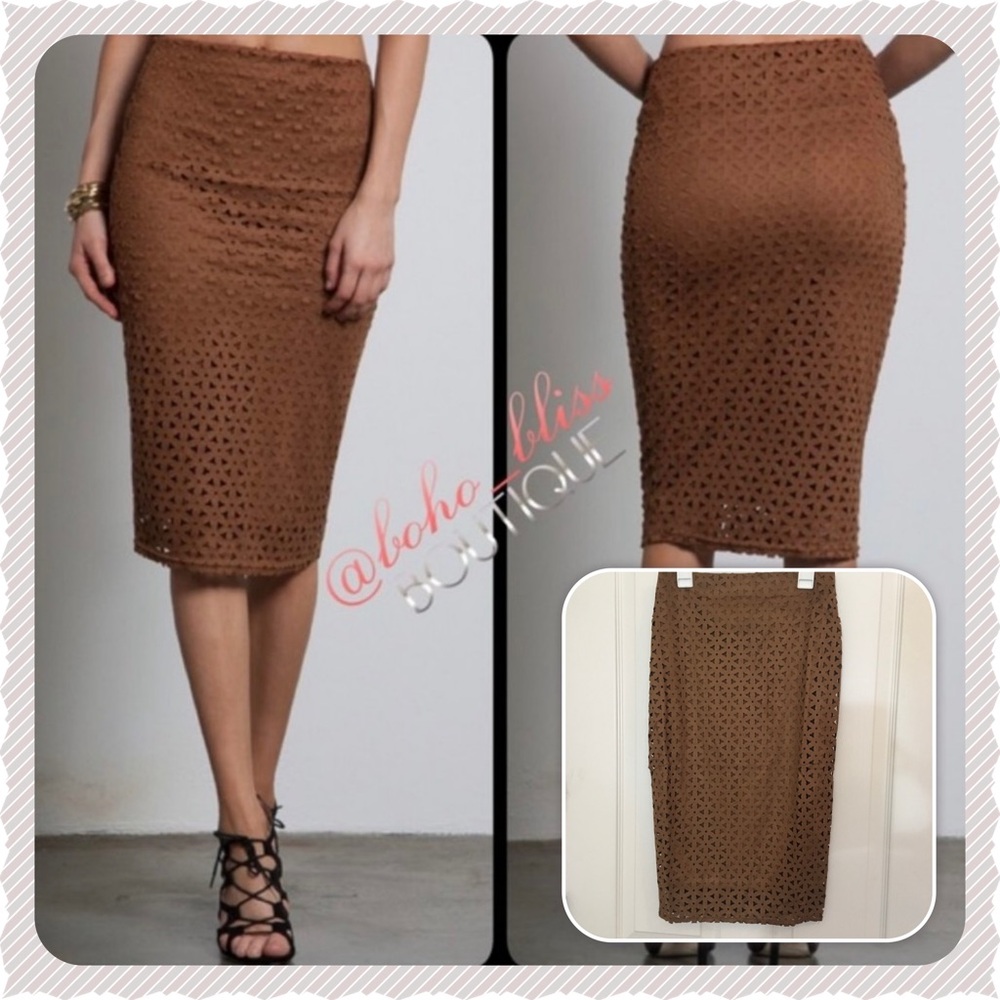 Faux Suede Brown Laser Cut Lined Midi Skirt NWT